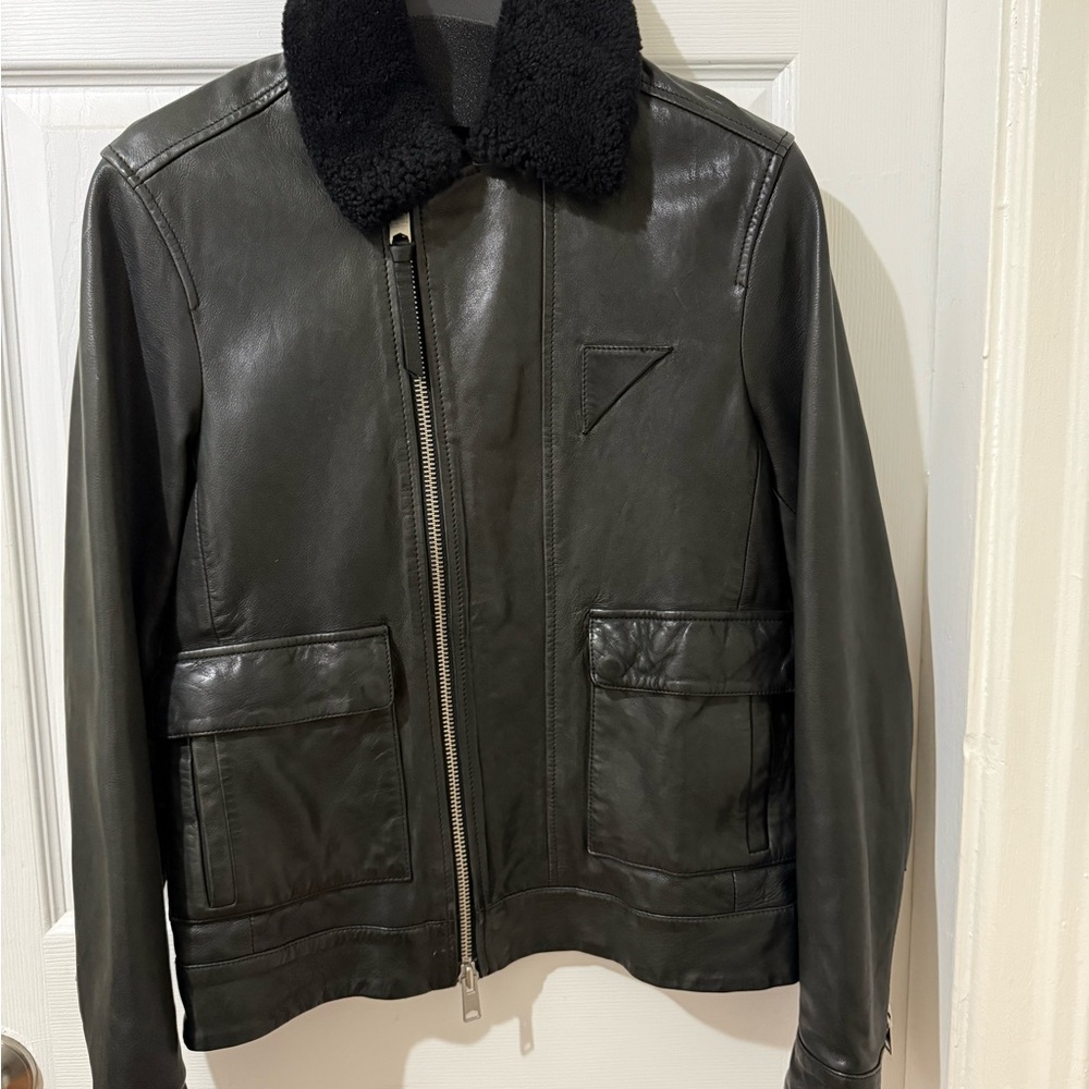 All Saints Black Leather Bomber Jacket with Shearling Collar